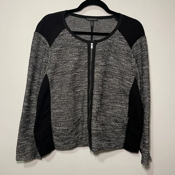Eileen Fisher Women’s Black Grey Tweed Boxy Full zip Blazer Cardigan in 1X - Picture 2 of 9